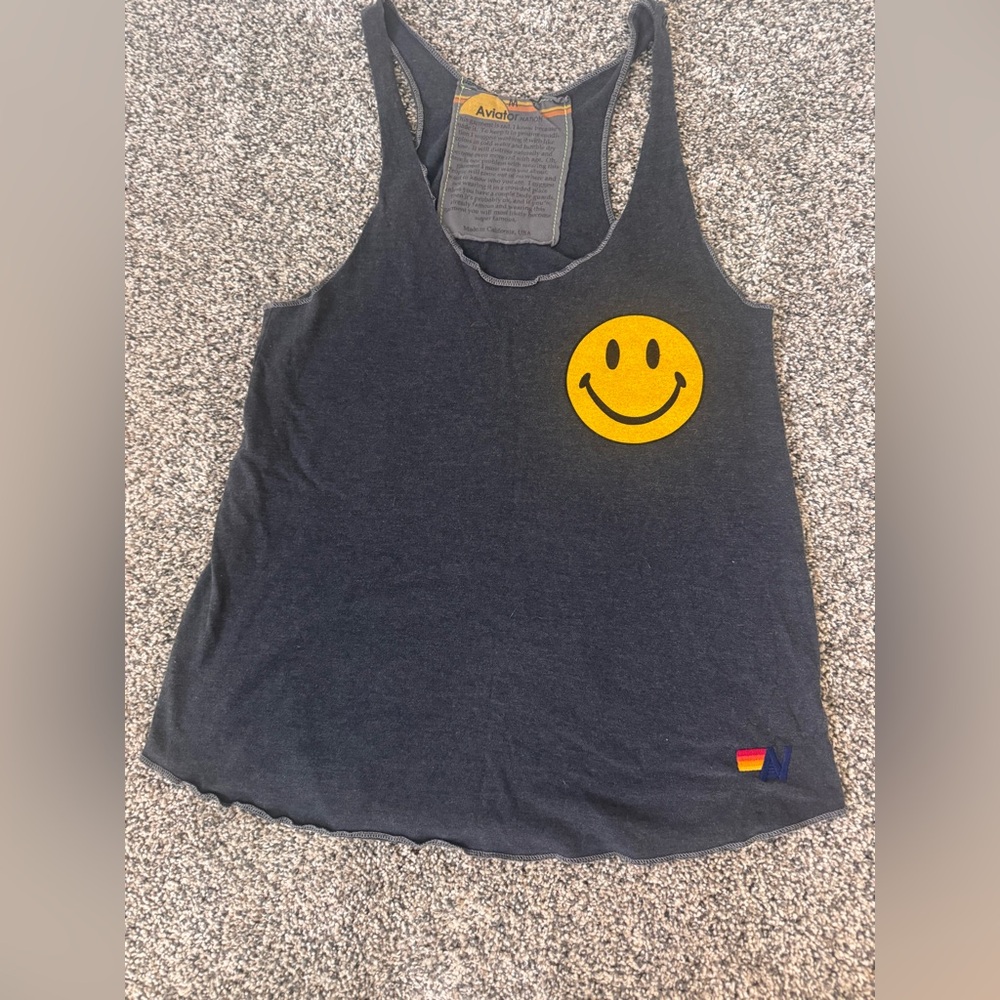 Aviator Nation Black Tank Top with Yellow Smiley
